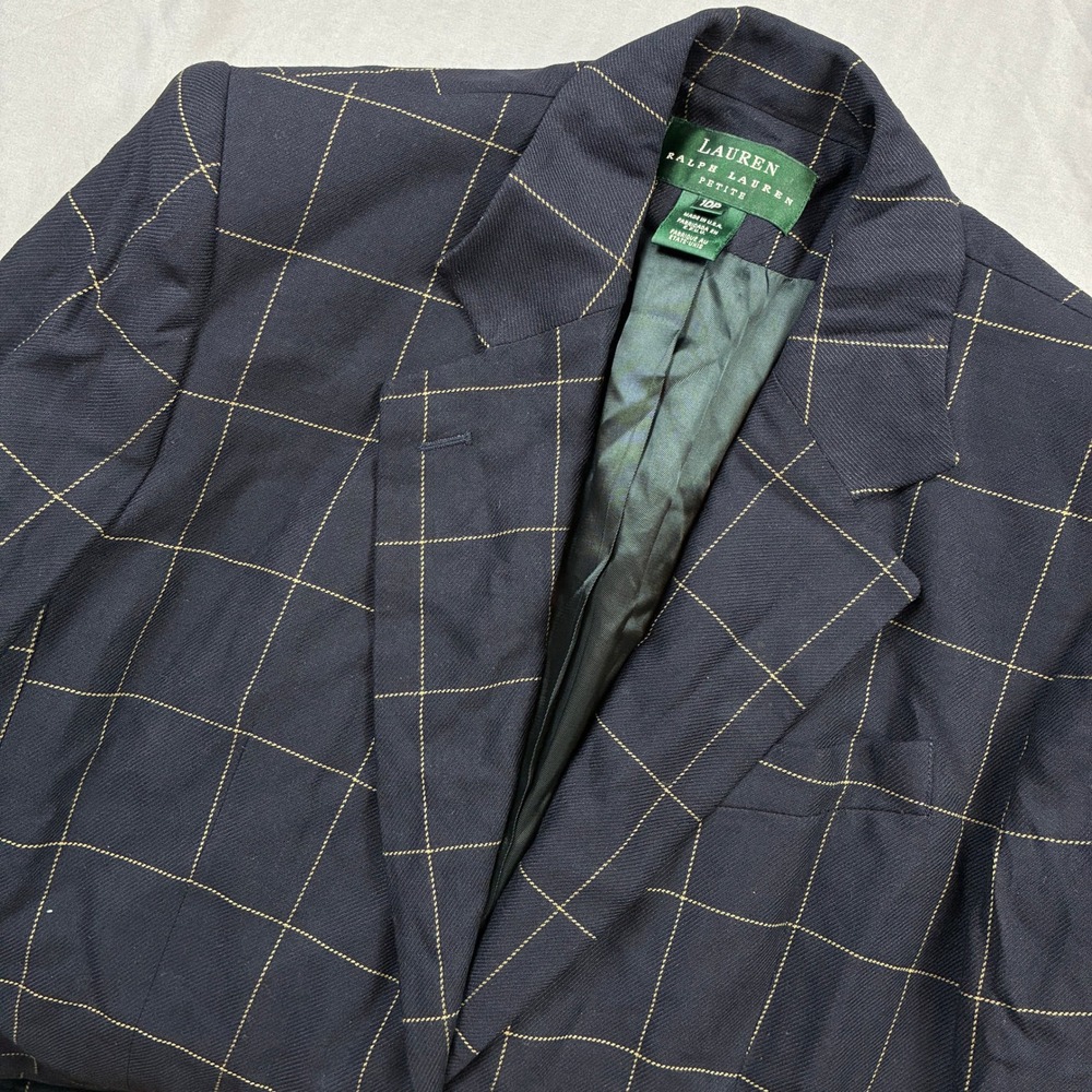 Lauren Ralph Lauren Blazer Rayon Womens 10P Navy Blue Windowpane Plaid VTG USA